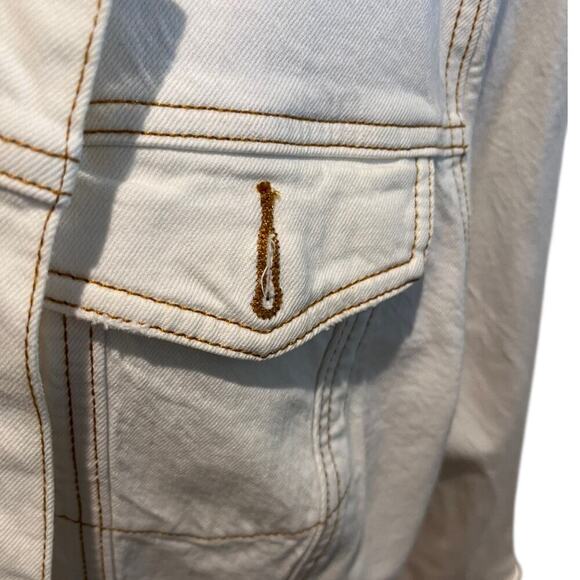 Upcycled Denim Jacket Embroidered Lace Open back beige Size XL/XXL Floral - Picture 9 of 9